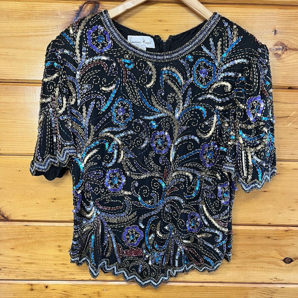 VTG Laurence Kazar 100% Silk Top Women’s 1X Beaded Mardi Gras Whimsigoth Elegant